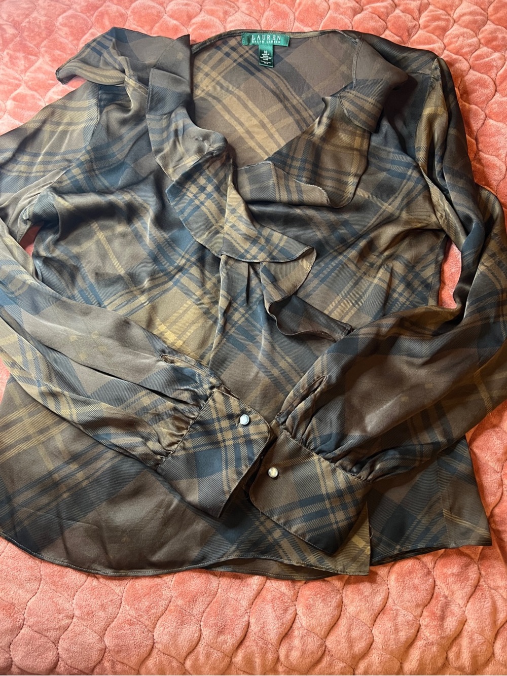 Lauren Ralph Lauren Brown and Black Plaid Ruffle-Front 100% Silk Dress Shirt